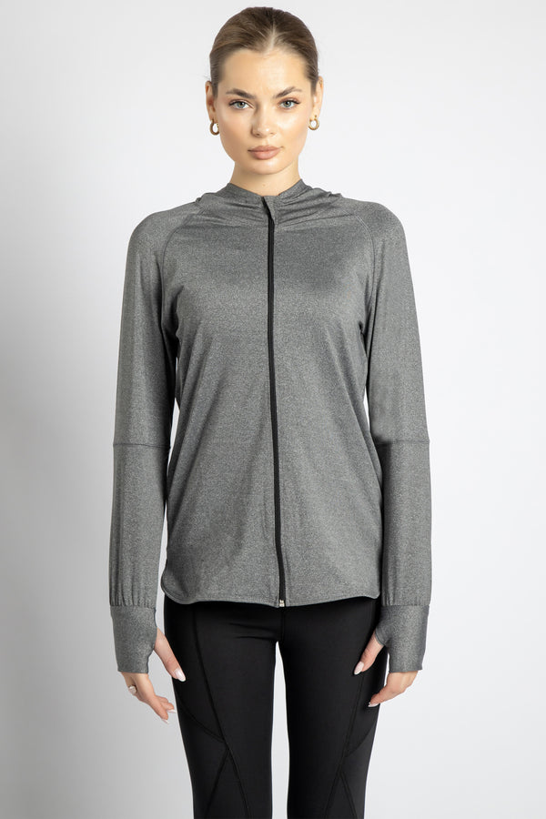 Women's Oversized Sports Jacket in timeless grey ,complete with refined thumb holes for a touch of luxury.