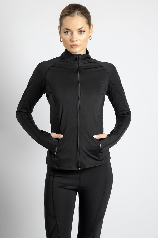 Women's slim fit Sports Jacket in black , complete with refined thumb holes for a touch of luxury.