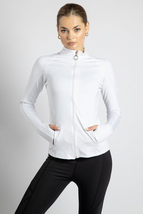 Women's slim fit Sports Jacket in white , complete with refined thumb holes for a touch of luxury.